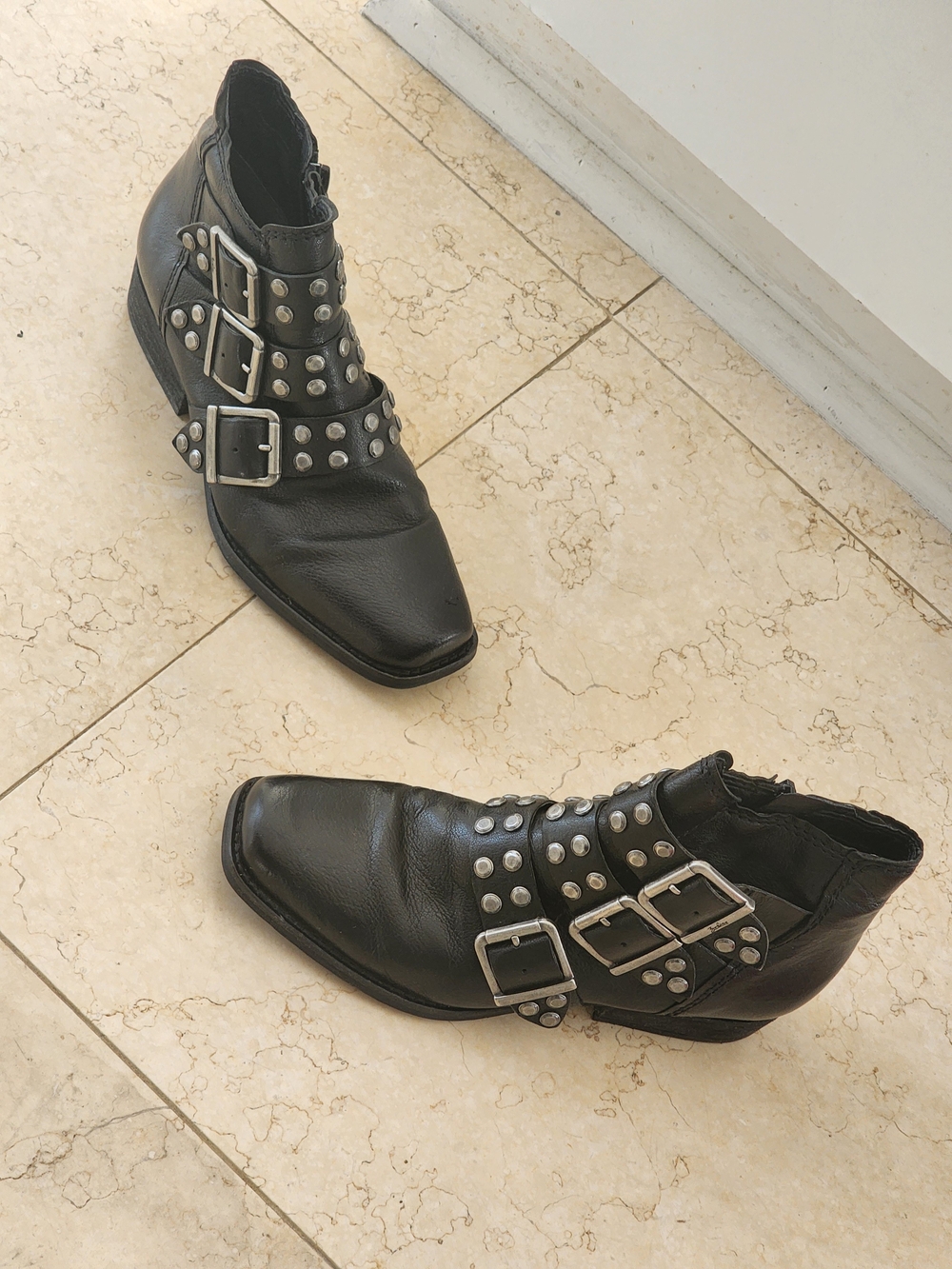 Zodiac Black Leather Ankle Boots with Silver Studs & Buckles